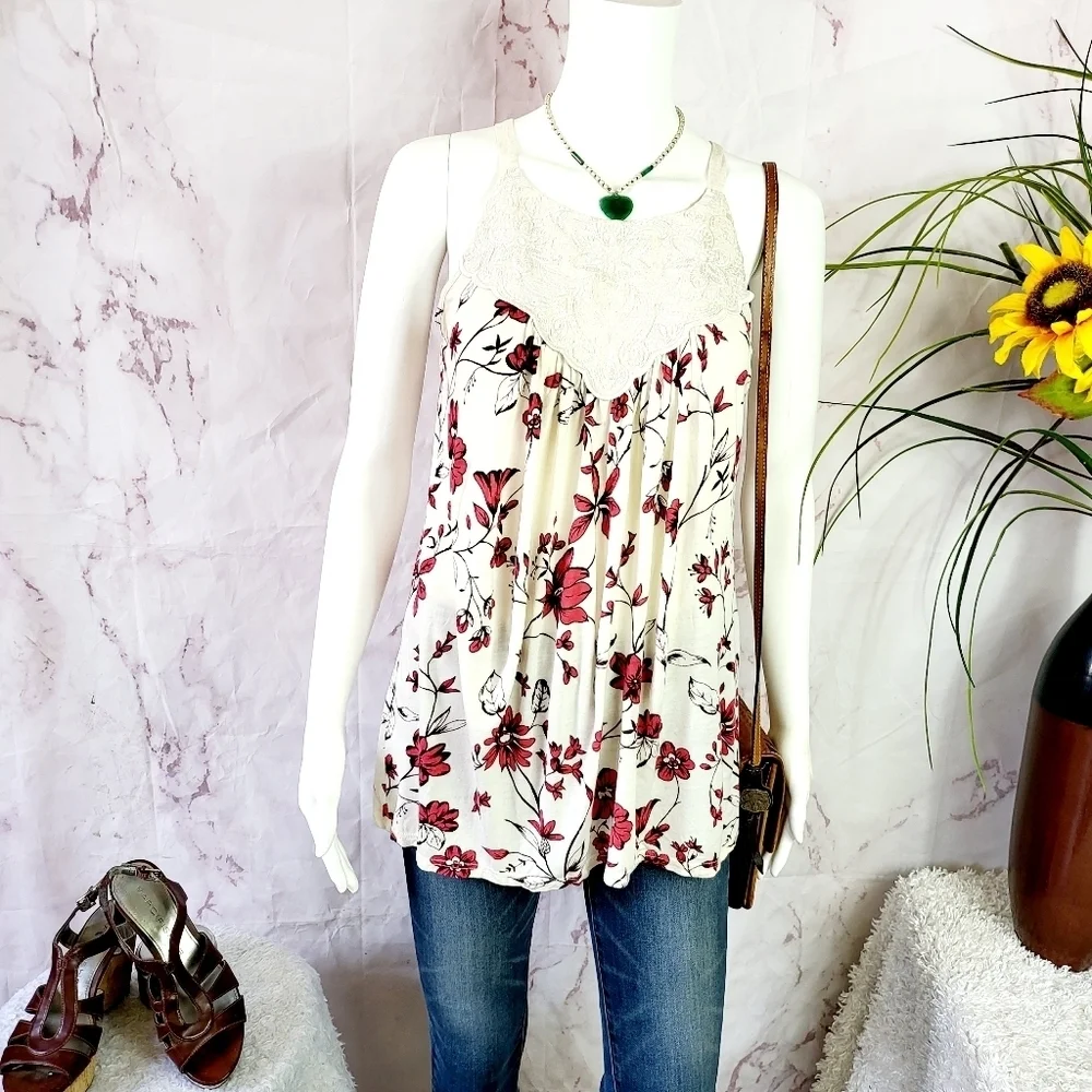 Anthropologie One September Floral Lace Trim Top